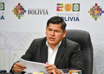 El viceministro de Sustancias Controladas, Jaime Mamani, brinda una conferencia de prensa.