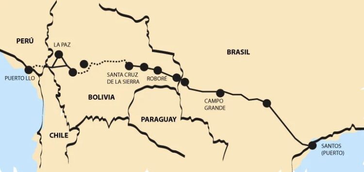 Posible ruta del tren bioceánico que unirá puertos de los océanos Pacífico y Atlántico de manera directa. Imagen RRSS