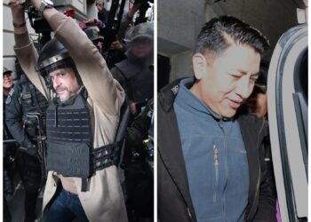Luis Fernando Camacho y Marco Pumari en el ingreso al juzgado, en La Paz.