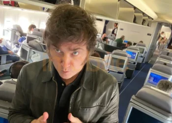 El presidente Javier Milei en un avión comercial.