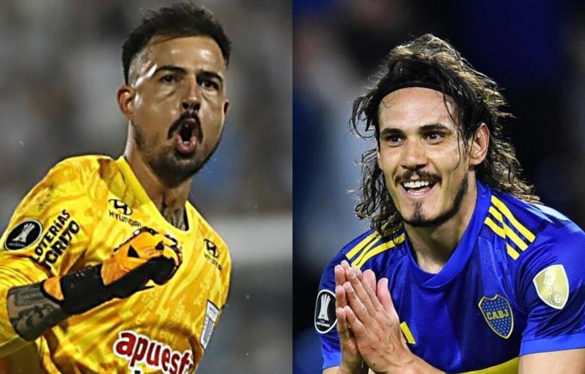El arquero boliviano de Alianza Lima, Guillermo Viscarra; y el delantero uruguayo de Boca, Edinson Cavani.