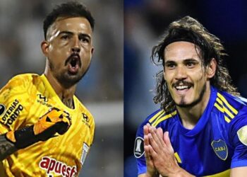 El arquero boliviano de Alianza Lima, Guillermo Viscarra; y el delantero uruguayo de Boca, Edinson Cavani.