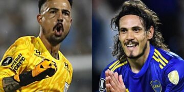 El arquero boliviano de Alianza Lima, Guillermo Viscarra; y el delantero uruguayo de Boca, Edinson Cavani.