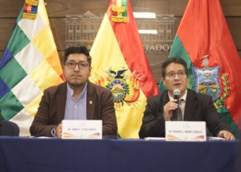 Los presidentes de la Cámara de Diputados y del Tribunal Agroambiental, Omar Yujra y Richard Méndez respectivamente.