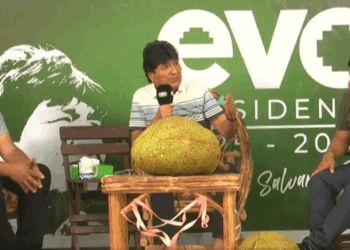 El presidente Evo Morales con los colores del FPV y dirigentes cercanos.