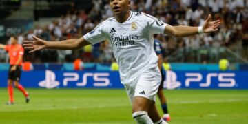 Real Madrid's French forward #09 Kylian Mbappe celebrates scoring during the UEFA Super Cup football match between Real Madrid and Atalanta BC in Warsaw, on August 14, 2024. (Photo by Wojtek RADWANSKI / AFP)
