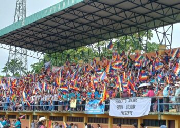 El palco de la concentración de Evo Morales en Villa 14 de Septiembre.