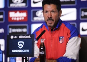 El entrenador argentino Diego Simeone en conferencia de prensa en Atlético de Madrid