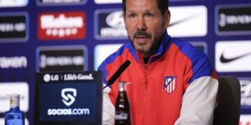 El entrenador argentino Diego Simeone en conferencia de prensa en Atlético de Madrid