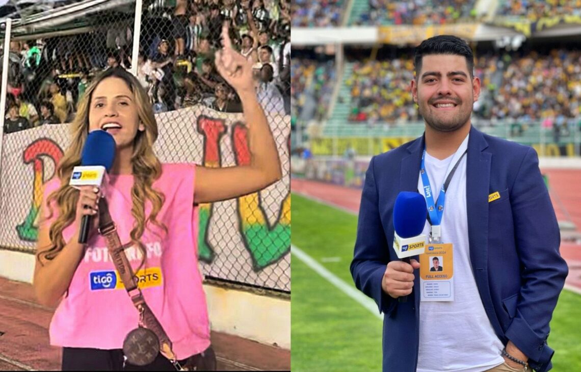 Los periodistas Andrea Ortiz y Daniel Robles en coberturas diversas.