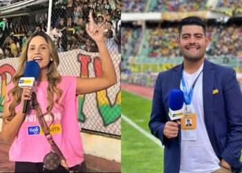 Los periodistas Andrea Ortiz y Daniel Robles en coberturas diversas.