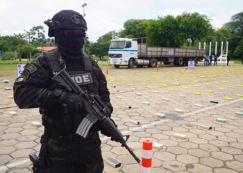 La droga incautada es resguardada por un agente policial.