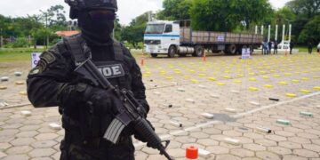 La droga incautada es resguardada por un agente policial.