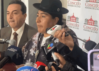 La presidenta del Concejo Municipal, Lourdes Chambilla, en conferencia de prensa.