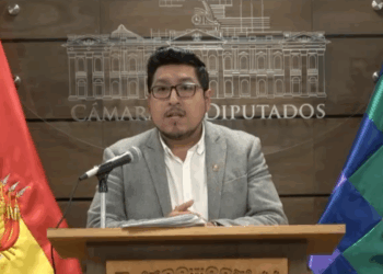 El presidente de la Cámara de Diputados, Omar Yujra, brinda una conferencia de prensa.