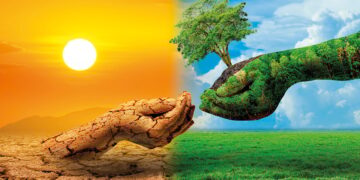 tree in two hands  with very different environments Earth Day or World Environment Day Global Warming and Pollution