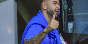 El guardameta argentino Federico Lanzillotta previo a un partido.