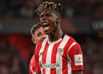 Nico Williams celebra uno de los goles de Athletic de Bilbao.