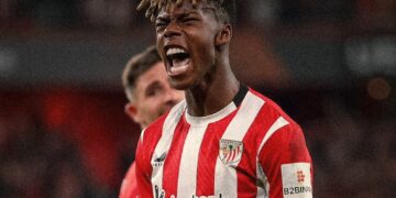 Nico Williams celebra uno de los goles de Athletic de Bilbao.