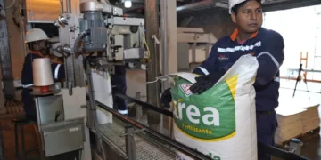 Un trabajador de la planta participa de una de las fases de producción del fertilizante. FOTO: YPFB