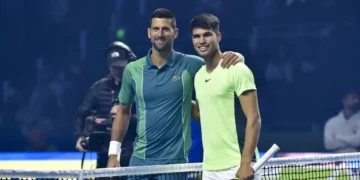 Djokovic y Alcaraz luego de un partido