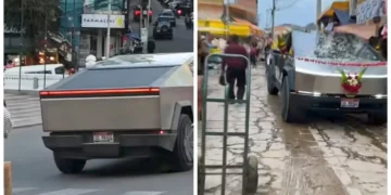 El Cybertruck Tesla circula por las calles de La Paz. También fue ch'allado en Copacabana. FOTO: RRSS
