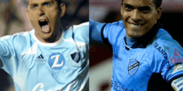 Chiorazzo y Ferreira gritando goles en las competencias internacionales de 2004 y 2014, respectivamente