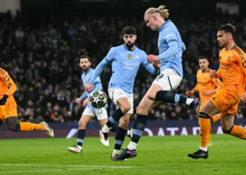 El delantero noruego Erling Haaland en un partido del City. (AFP)