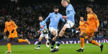 El delantero noruego Erling Haaland en un partido del City. (AFP)