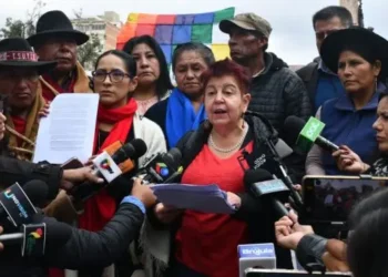 Los exministros de Evo Morales brindan una conferencia de prensa. Foto: APG