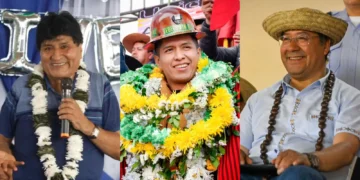 Candidatos. Evo Morales, Andrónico Rodríguez y Luis Arce.