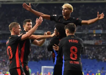 Celebración del primer gol de FC Barcelona (FOTO: AFP)
