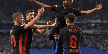 Celebración del primer gol de FC Barcelona (FOTO: AFP)