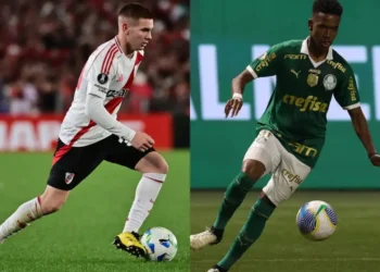Mastantuono, de River Plate, y Estevao, de Palmeiras (AFP).
