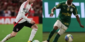Mastantuono, de River Plate, y Estevao, de Palmeiras (AFP).
