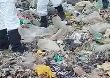Trabajadores de Colina hallaron la pierna derecha de una víctima de feminicidio en el botadero de El Alto. FOTO: Unitel