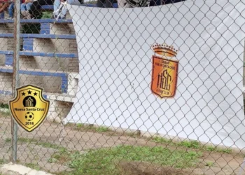 Una bandera del Club Nueva Santa Cruz en un partido de la ACF