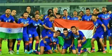 La selección de fútbol de la India en plena competencia (AFP).