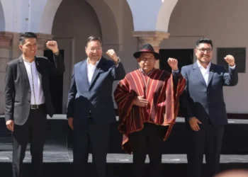 Andrónico Rodríguez, Luis Arce, David Choquehuanca y Omar Yujra, el 6 de agosto en Sucre. Foto: RRSS