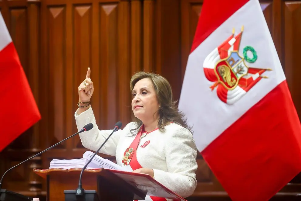 La presidenta de Perú, Dina Boluarte, en su mensaje del 28 de julio, Foto: Presidencia de Perú.