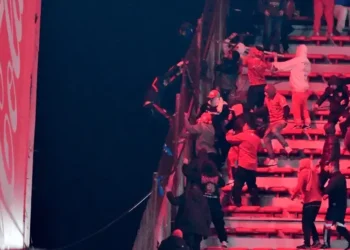 Hinchas se enfrentan en una tribuna en el partido entre Independiente y Universidad de Chile. (FOTO: AFP)