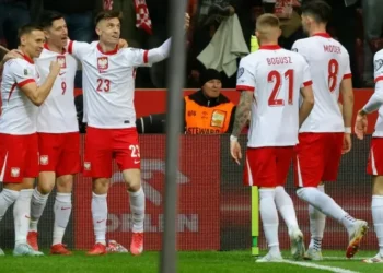 El delantero de Polonia Robert Lewandowski, celebra un gol marcado a Lituania. (FOTO: AFP)