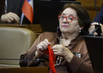La diputada chilena María Luisa Cordero
teje en una sesión legislativa en CHile.
Foto: RRSS