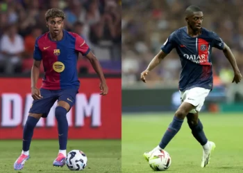 El francés Ousmande Dembelé y el español Lamine Yamal (AFP).