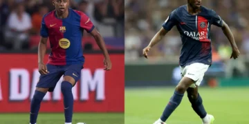 El francés Ousmande Dembelé y el español Lamine Yamal (AFP).