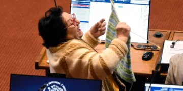La diputada chilena María Luisa Cordero
teje en una sesión legislativa en Chile.
Foto: Biobiochile.