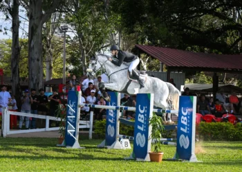 El jinete Fernando Bedoya en pleno salto junto a Quallenium en el picadero de Santa Cruz (Arturo Bedoya),