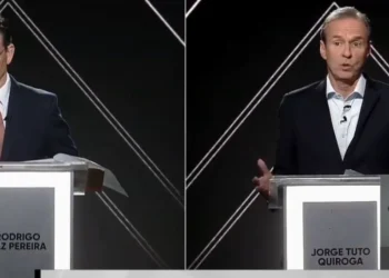 Rodrigo Paz Pereira y Tuto Quiroga durante el debate presidencial. Foto: Captura.