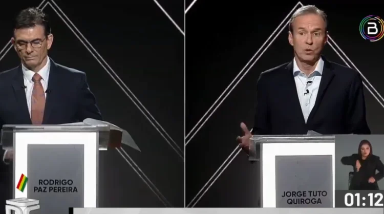 Rodrigo Paz Pereira y Tuto Quiroga durante el debate presidencial. Foto: Captura.