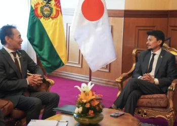El ministro de Relaciones Exteriores, Fernando Aramayo, y el embajador del Japón en Bolivia, Hiroshi Onomura. (Foto: MRE)